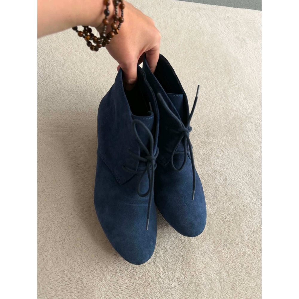Nine West Womens 8.5 Navy Blue Suede Joanis Wedge Lace Up Ankle Booties